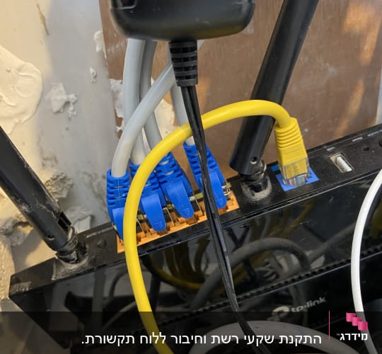 כבלים מחוברים לנתב עם נורית חיווי ירוקה